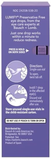 LUMIFY Redness Reliever Preservative Free Eye Drops, 20 Single Use Vials (Pack of 2)