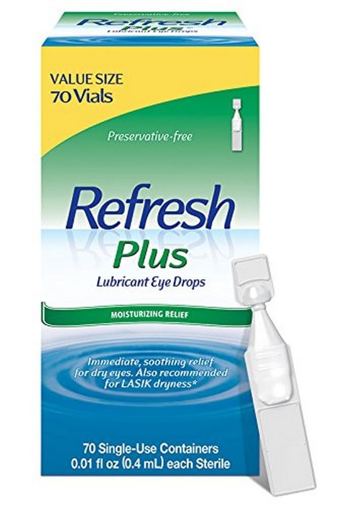 REFRESH PLUS Lubricant Eye Drops Preservative-Free Artificial Tears, 0.01 fl oz (0.4 mL), 70 Single-Use Containers