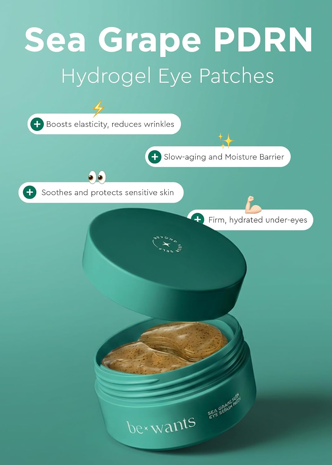 bewants Sea Grape Vegan PDRN Eye Patches for Sensitive Skin | Formulated with Collagen, Green Tea, Ceramides and Pathenol | Hydrating & Firming Under Eye Mask