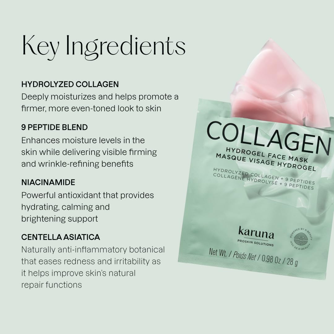 Karuna Skin - COLLAGEN Face Mask Sheets, Hydrogel 2-Piece Facial Mask, Age-Defying, Hydrating, Rejuvenating & Moisturizing Skin Care Essential That Targets Fine Lines & Wrinkles, 1 Pack