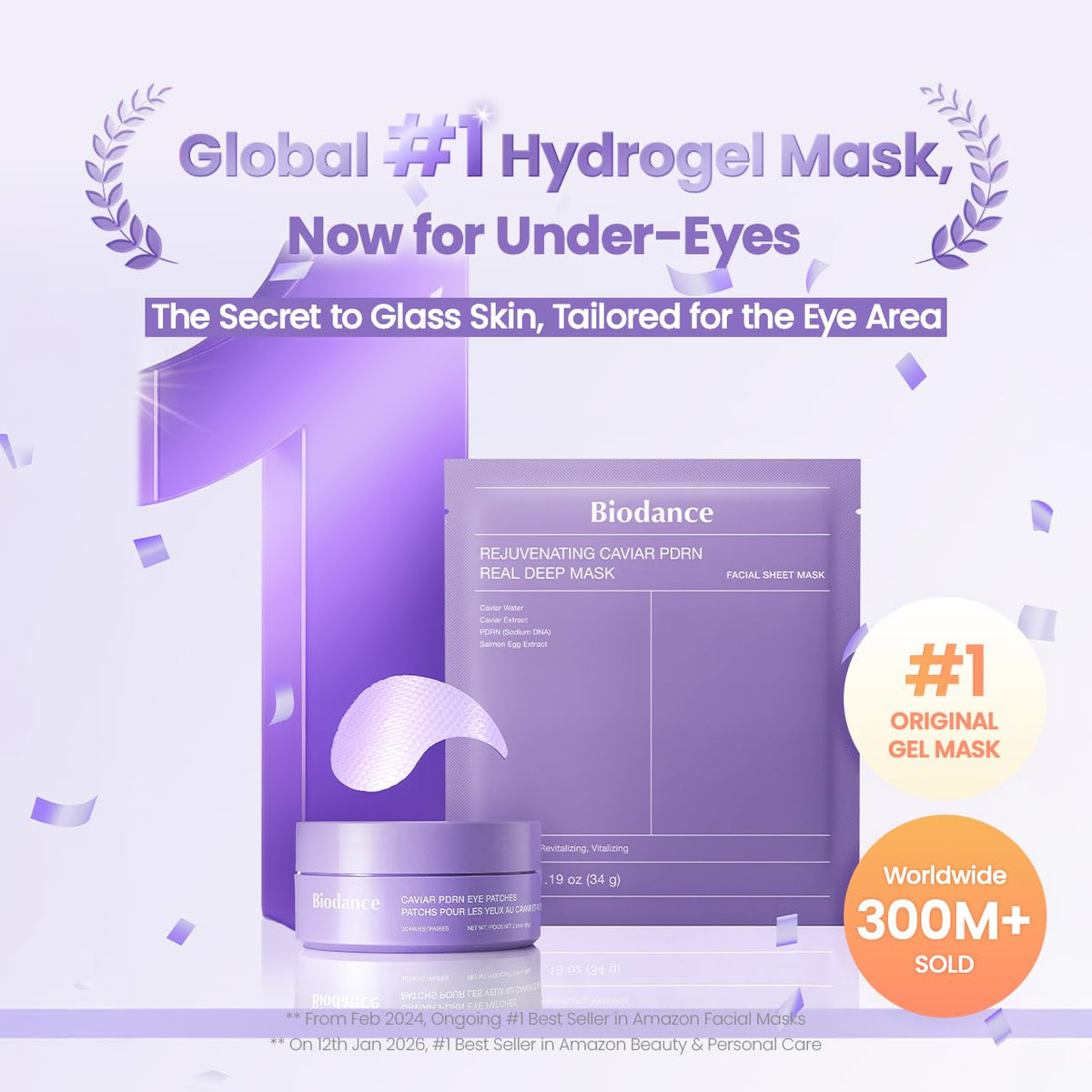BIODANCE Hydrogel Eye Patches for Under Eye - Caviar PDRN, Depuffing & Eye Bags (60 Count)