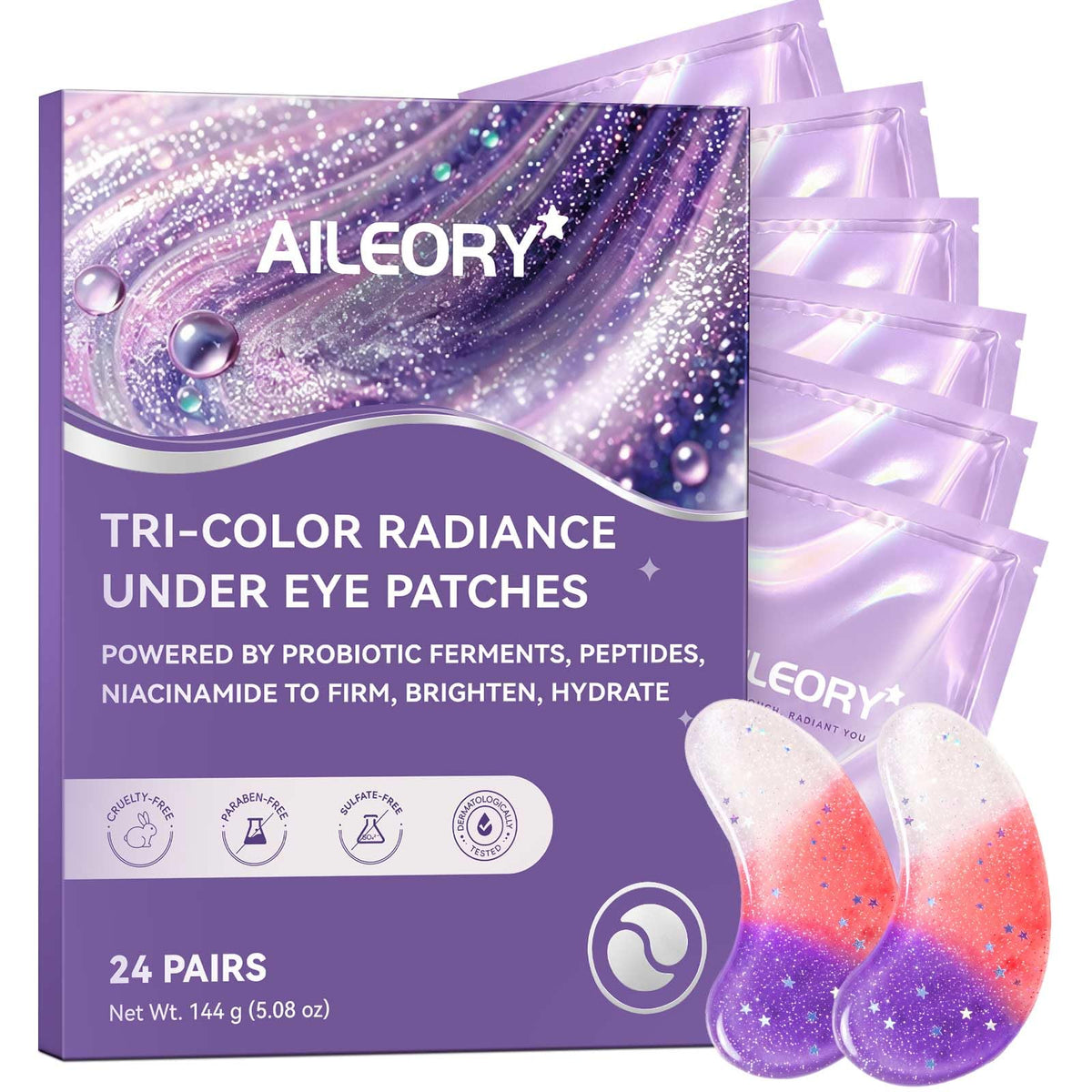 AILEORY Under Eye Patches (24 Pairs) - Tri-color Glitter Eye Gel Pads for Dark Circles, Puffy Eyes, Under eye Bags, Wrinkles | Natural Collagen Under Eye Mask Patches, Gel Under Eye Patches