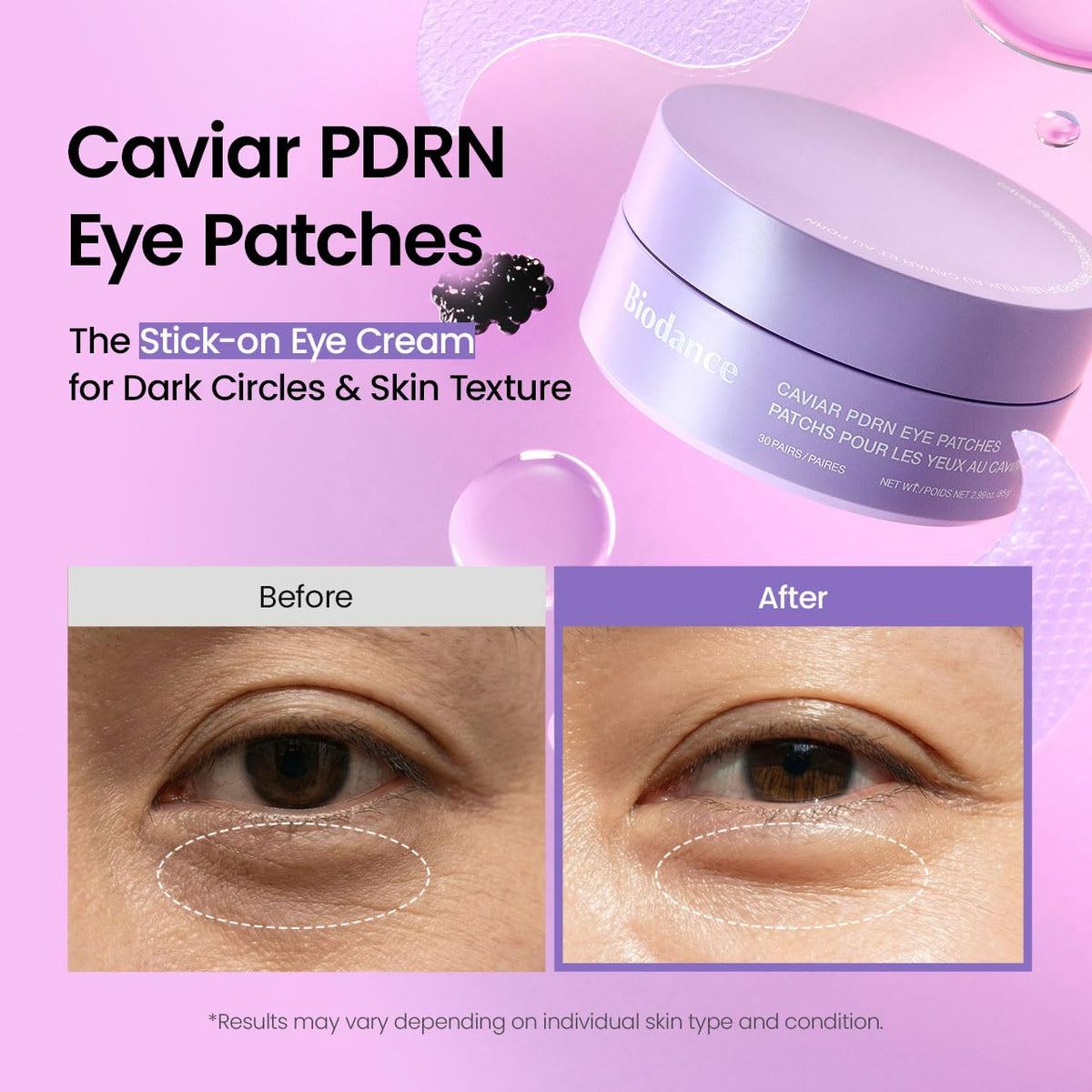 BIODANCE Hydrogel Eye Patches for Under Eye - Caviar PDRN, Depuffing & Eye Bags (60 Count)