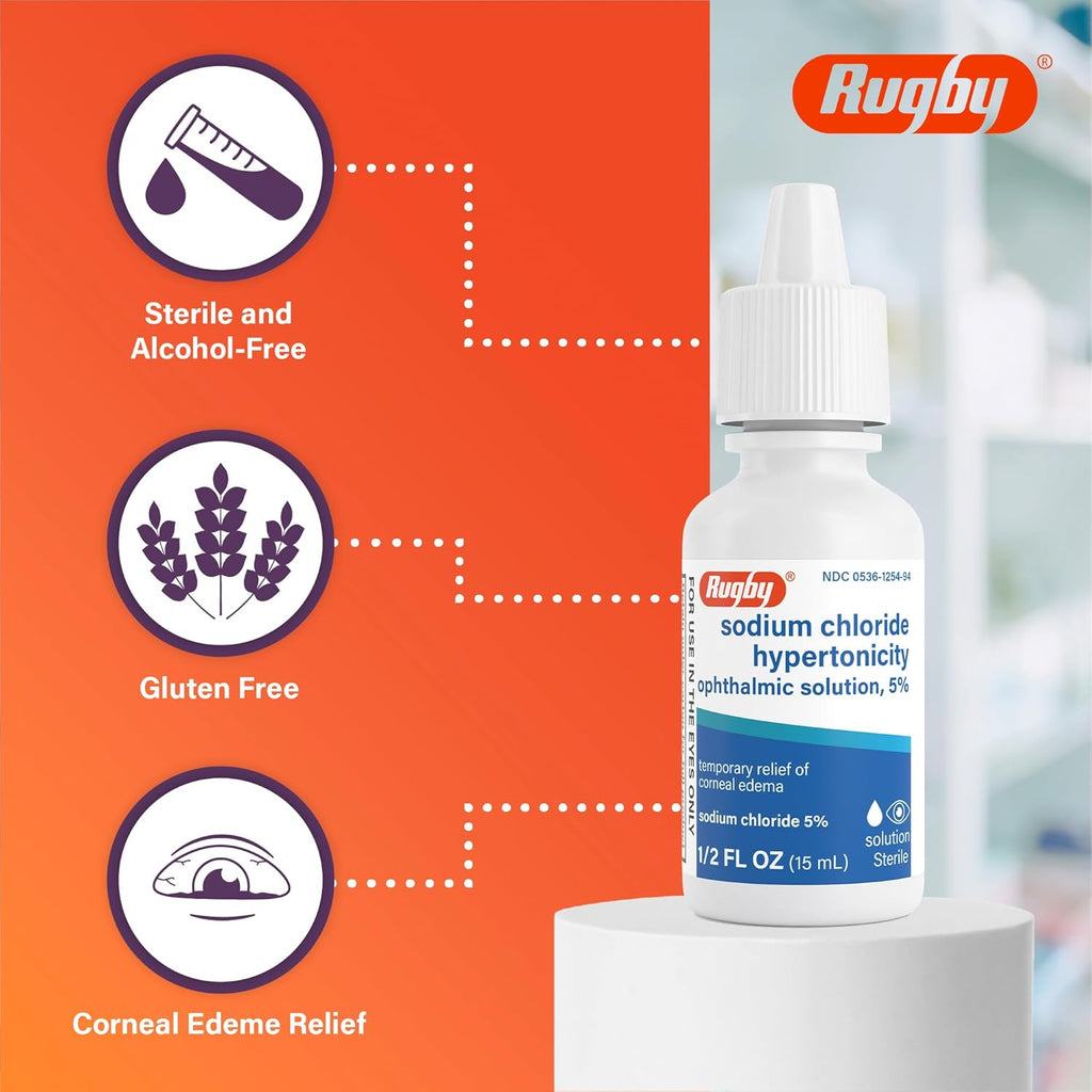 Rugby Sodium Chloride Hypertonicity Ophthalmic Eye Solution 5% - Sodium Chloride Eye Drops for Temporary Corneal Edema Symptom Support - Alcohol-Free - 0.5 Fl. Oz. (3-Pack)