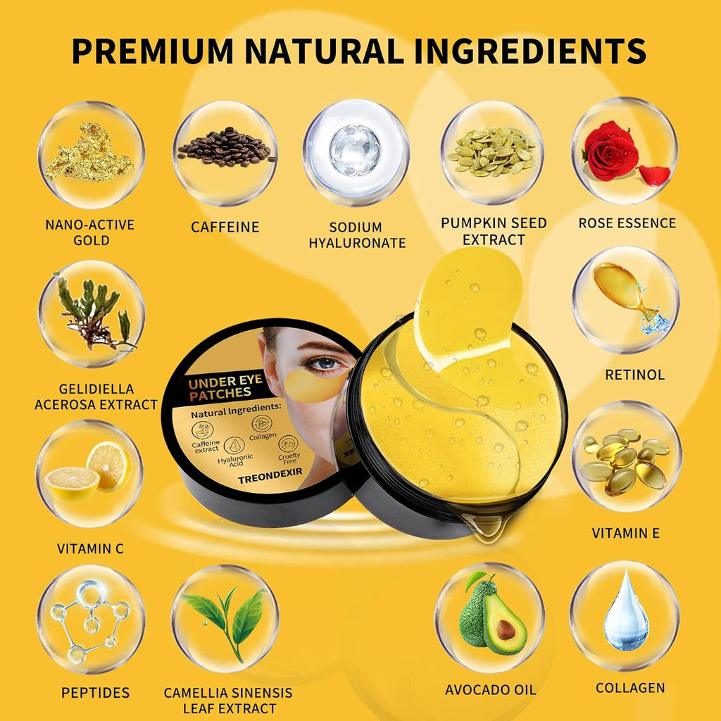 24K Gold Eye Masks for Dark Circles and Puffiness 70PCS, Under Eye Patches for Puffy Eyes Treatment, Under Eye Gel Pads w/ Collagen, Caffeine, Peptides for Eye Bags Treatment, Gel Eye Mask Skincare