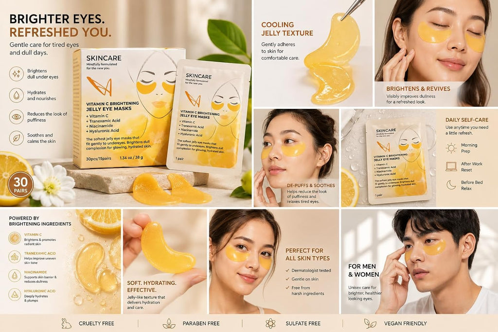 SKINCARE Caffeine De-Puffing Jelly Eye Masks with vitamin C .Tranexamic Acid, Niacinamide, Hyaluronic Acid for Brightening, Hydration, and Dark Circle Reduction, 30 Pieces, 1.34 oz (Yellow)