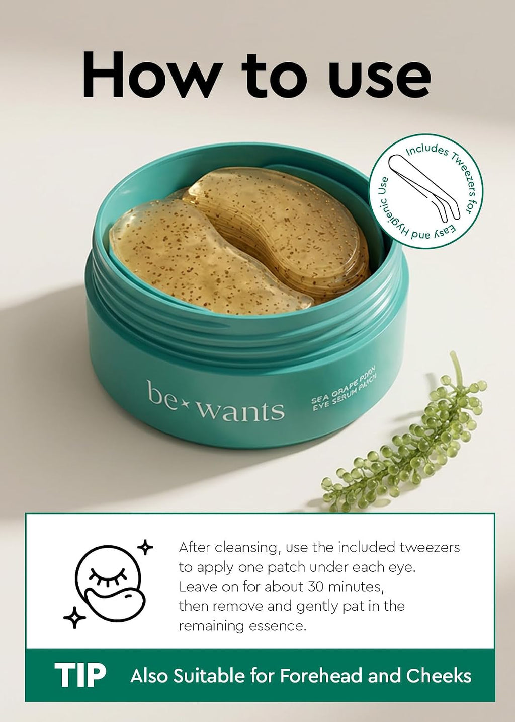 bewants Sea Grape Vegan PDRN Eye Patches for Sensitive Skin | Formulated with Collagen, Green Tea, Ceramides and Pathenol | Hydrating & Firming Under Eye Mask