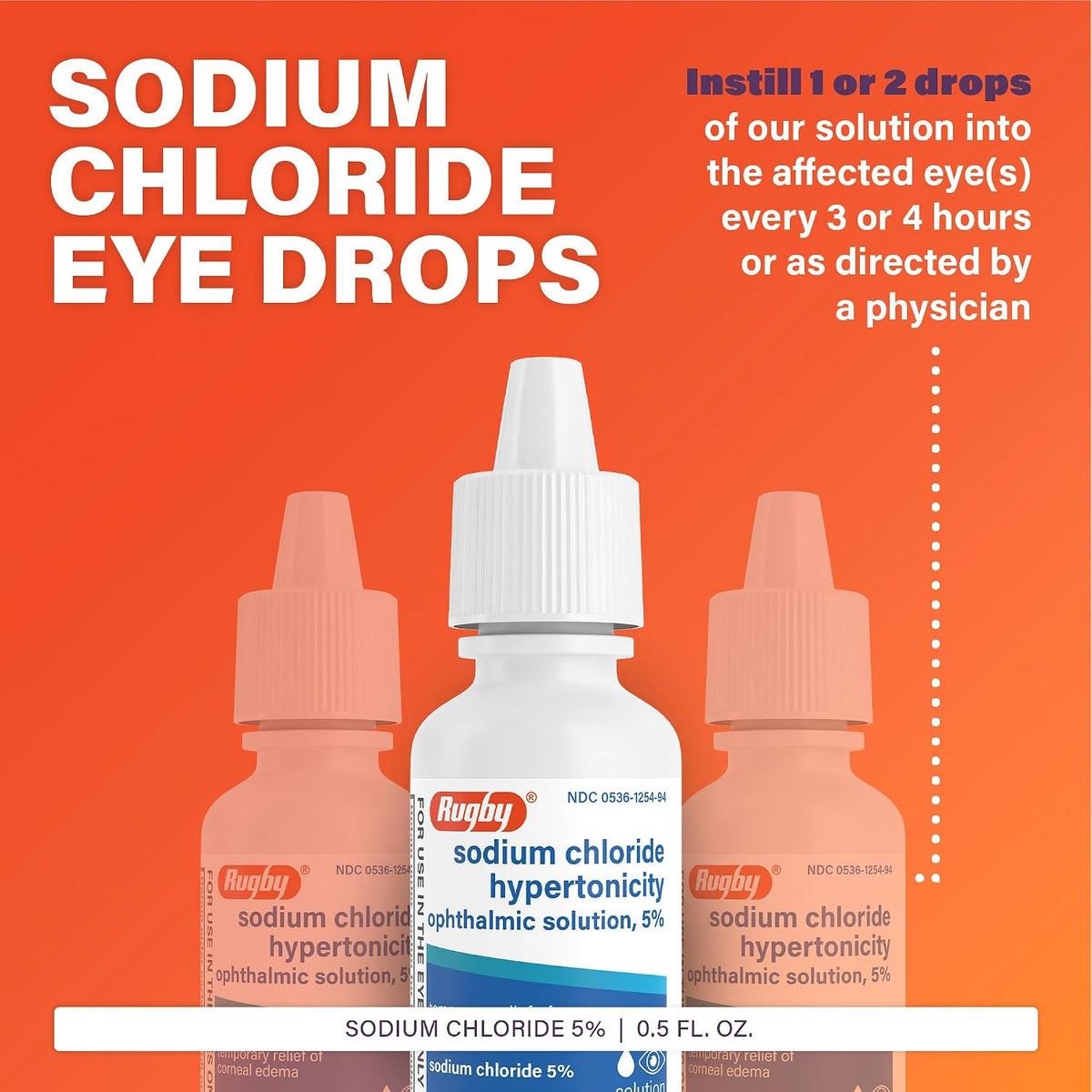 Rugby Sodium Chloride Hypertonicity Ophthalmic Eye Solution 5% - Sodium Chloride Eye Drops for Temporary Corneal Edema Symptom Support - Alcohol-Free - 0.5 Fl. Oz. (3-Pack)