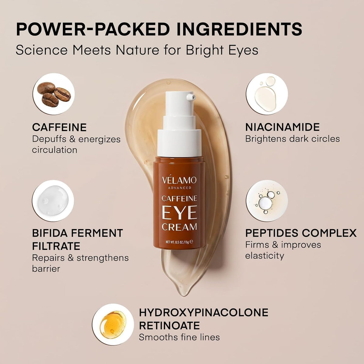 VELAMO ADVANCED Caffeine Eye Cream for Dark Circles, Puffiness & Under Eye Bags – Energizing & Depuffing Under Eye Cream to Smooth Wrinkles & Fine Lines – Dermatologist Tested 0.5 OZ/15g