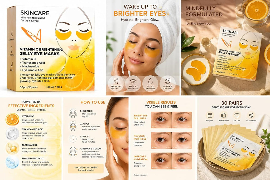 SKINCARE Caffeine De-Puffing Jelly Eye Masks with vitamin C .Tranexamic Acid, Niacinamide, Hyaluronic Acid for Brightening, Hydration, and Dark Circle Reduction, 30 Pieces, 1.34 oz (Yellow)