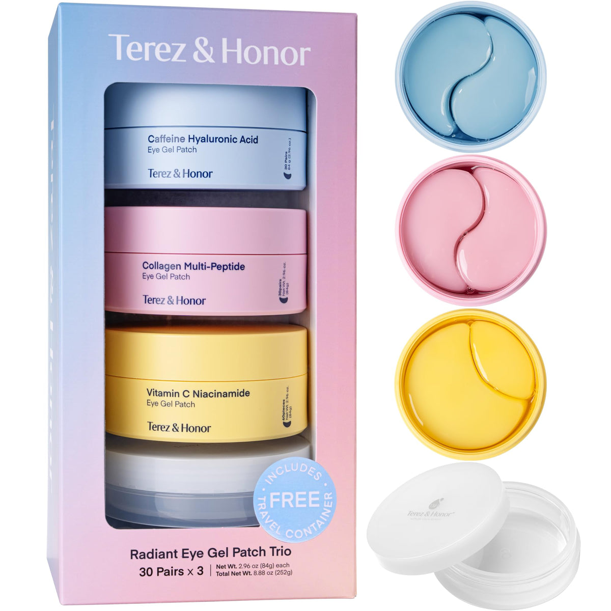 Terez & Honor Under Eye Patches for Dark Circles - 60 Korean Hydrogel Masks for Puffiness, Bags, Wrinkle with Caffeine, Hyaluronic Acid, Niacinamide - Undereye Hydrating & Cooling, Vegan, No Fragrance