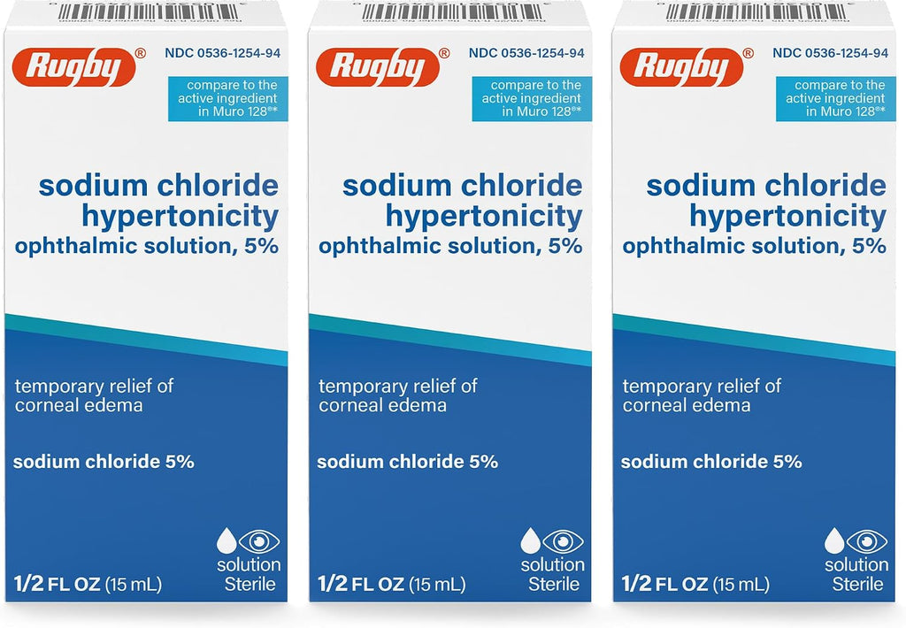 Rugby Sodium Chloride Hypertonicity Ophthalmic Eye Solution 5% - Sodium Chloride Eye Drops for Temporary Corneal Edema Symptom Support - Alcohol-Free - 0.5 Fl. Oz. (3-Pack)