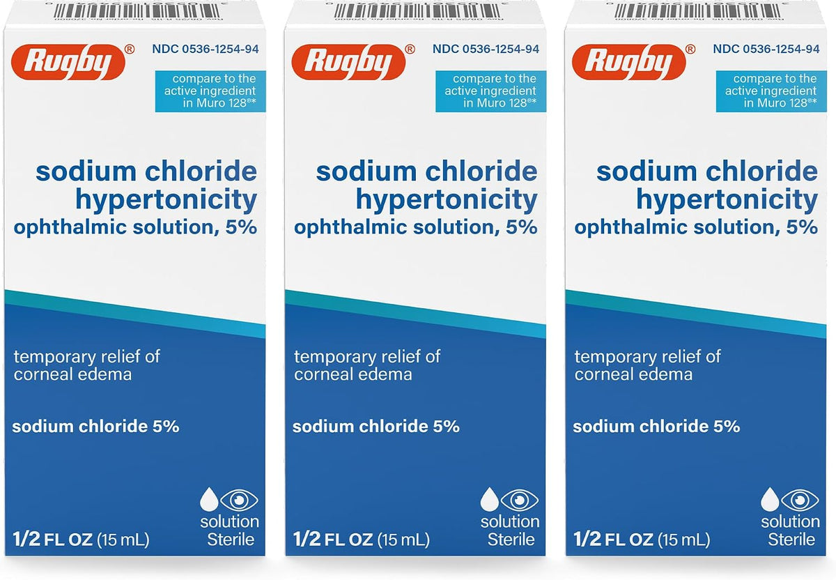 Rugby Sodium Chloride Hypertonicity Ophthalmic Eye Solution 5% - Sodium Chloride Eye Drops for Temporary Corneal Edema Symptom Support - Alcohol-Free - 0.5 Fl. Oz. (3-Pack)