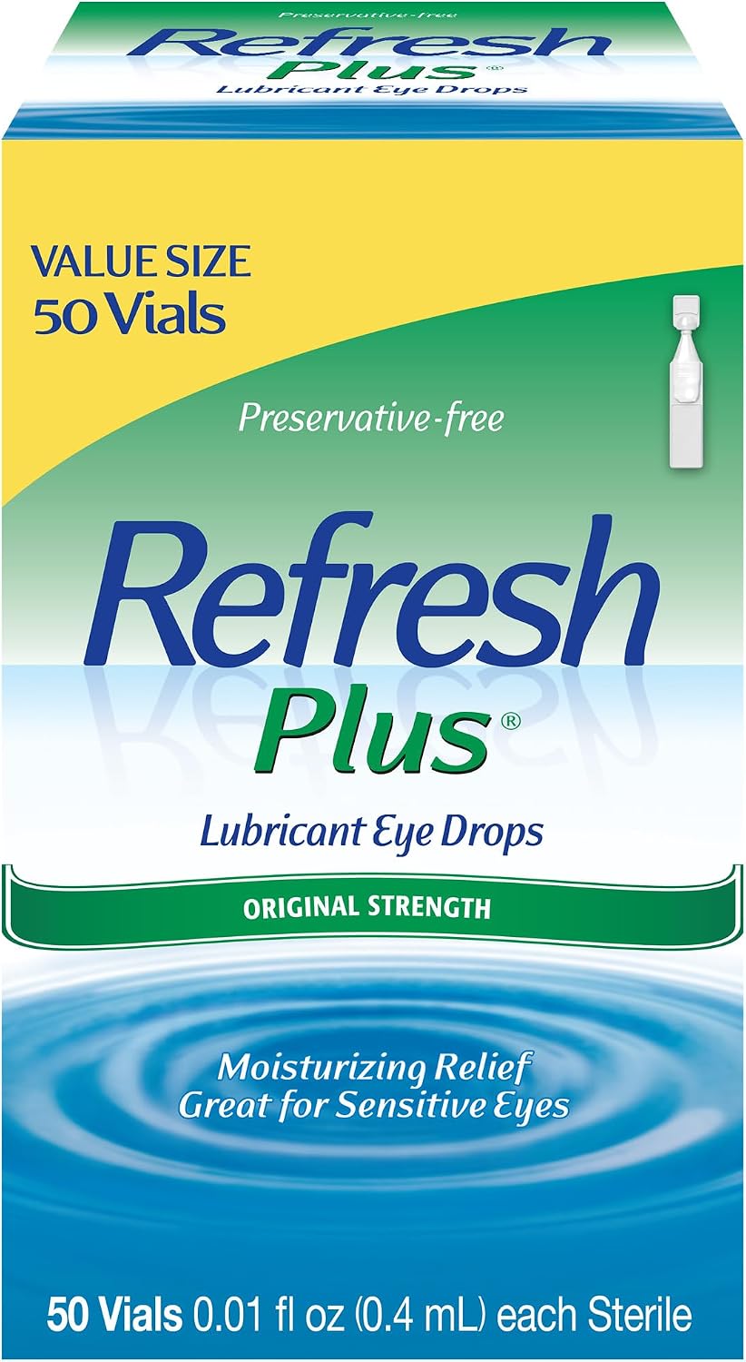 REFRESH PLUS Lubricant Eye Drops Preservative-Free Artificial Tears, 0.01 fl oz (0.4 mL), 50 Single-Use Containers