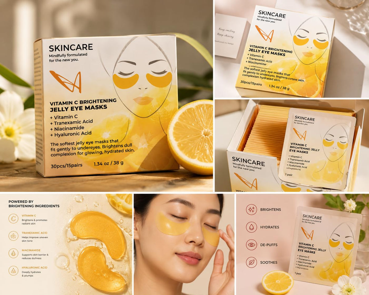 SKINCARE Caffeine De-Puffing Jelly Eye Masks with vitamin C .Tranexamic Acid, Niacinamide, Hyaluronic Acid for Brightening, Hydration, and Dark Circle Reduction, 30 Pieces, 1.34 oz (Yellow)