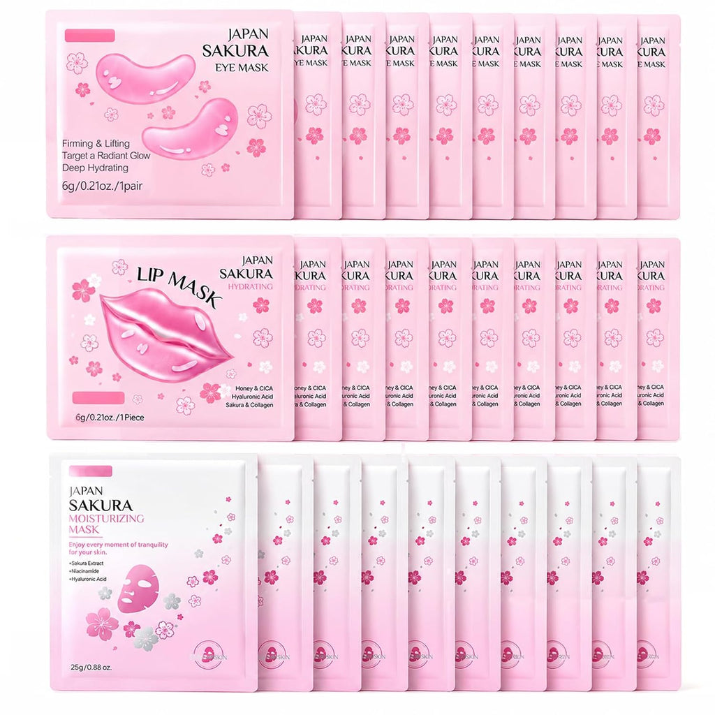 30 PCS Sakura Lip Mask & Eye Mask & Face Mask, Pink Party Favors for Women