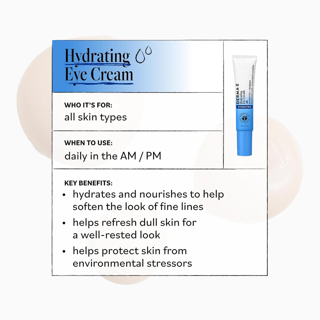 DERMA E Hydrating Eye Cream with Hyaluronic Acid, 0.5 Oz Firming & Lifting
