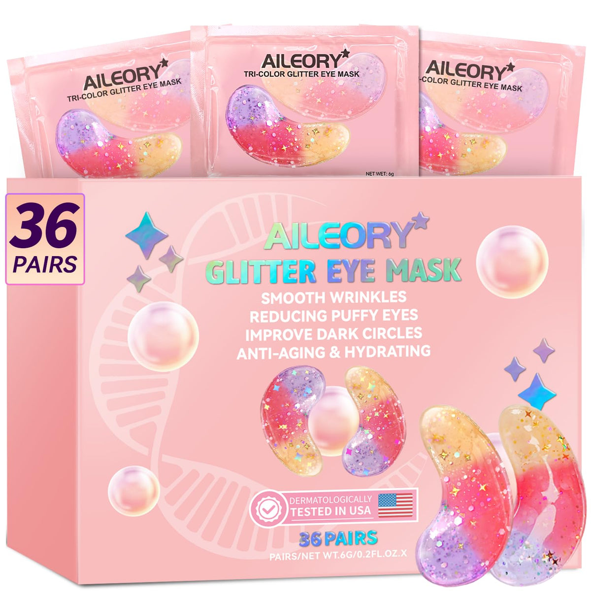 AILEORY Under Eye Patches (24 Pairs) - Tri-color Glitter Eye Gel Pads for Dark Circles, Puffy Eyes, Under eye Bags, Wrinkles | Natural Collagen Under Eye Mask Patches, Gel Under Eye Patches