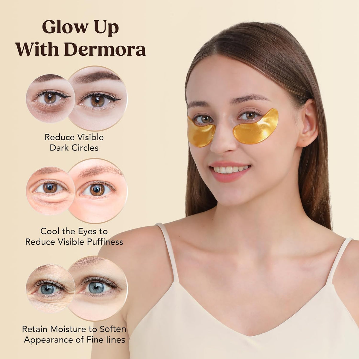 DERMORA Golden Glow Under Eye Patches - 20 Pairs Individually Packed