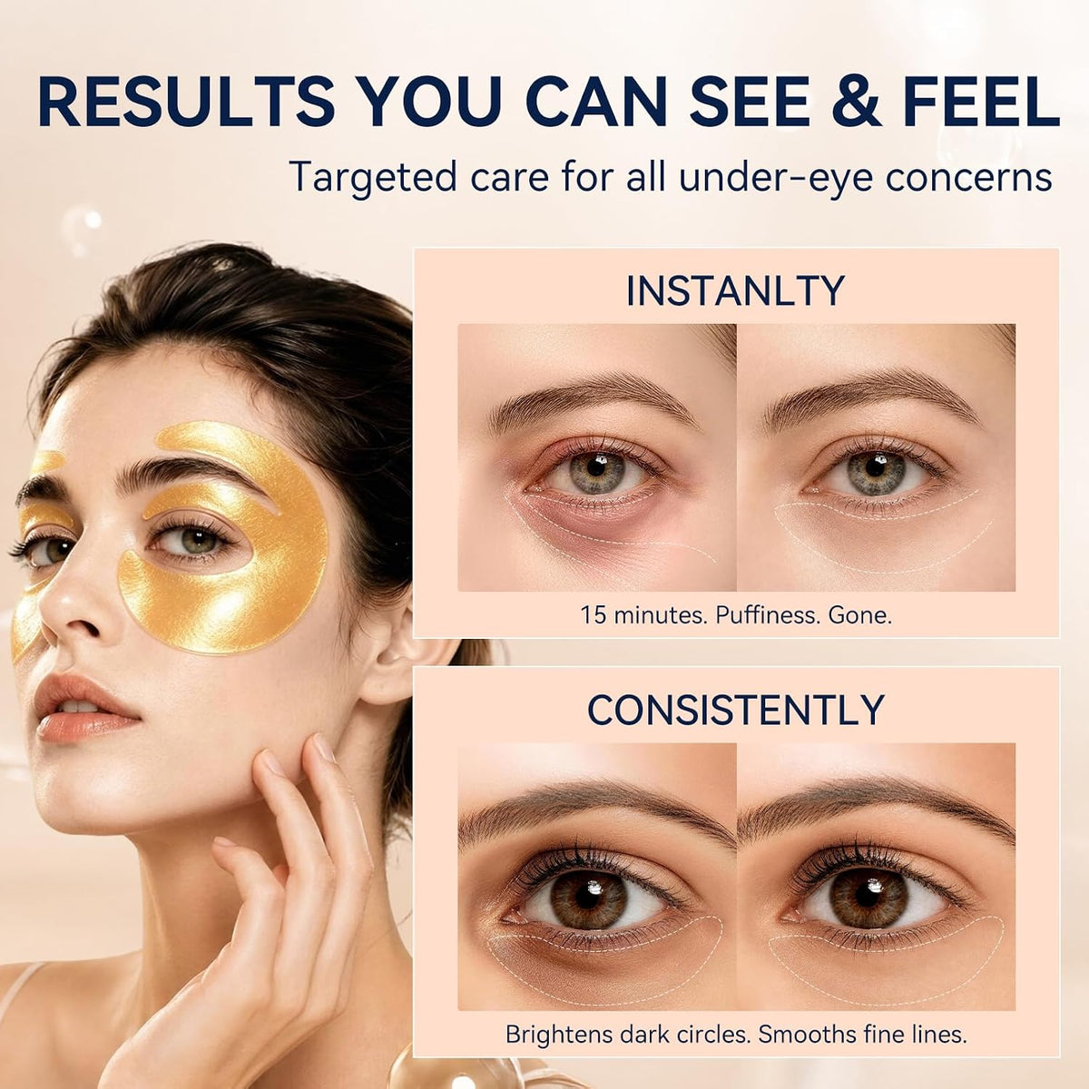 LumiBloom E-shaped 24k Gold Under Eye Patches with PDRN, Collagen, Caffeine