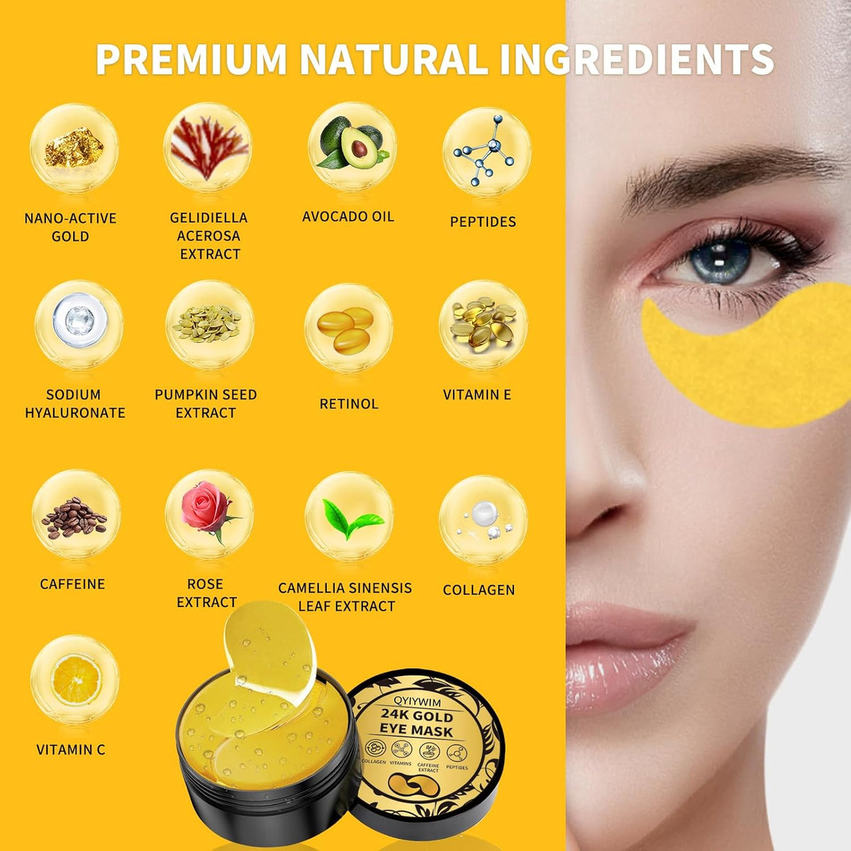Qyiywim Under Eye Patches 70PCS, 24K Gold Eye Patches for Puffy Eyes Treatment, Under Eye Masks for Dark Circles and Puffiness, Non-Irritating Eye Mask Skincare, Eyes Bags Treatment, Eye Gel Pads