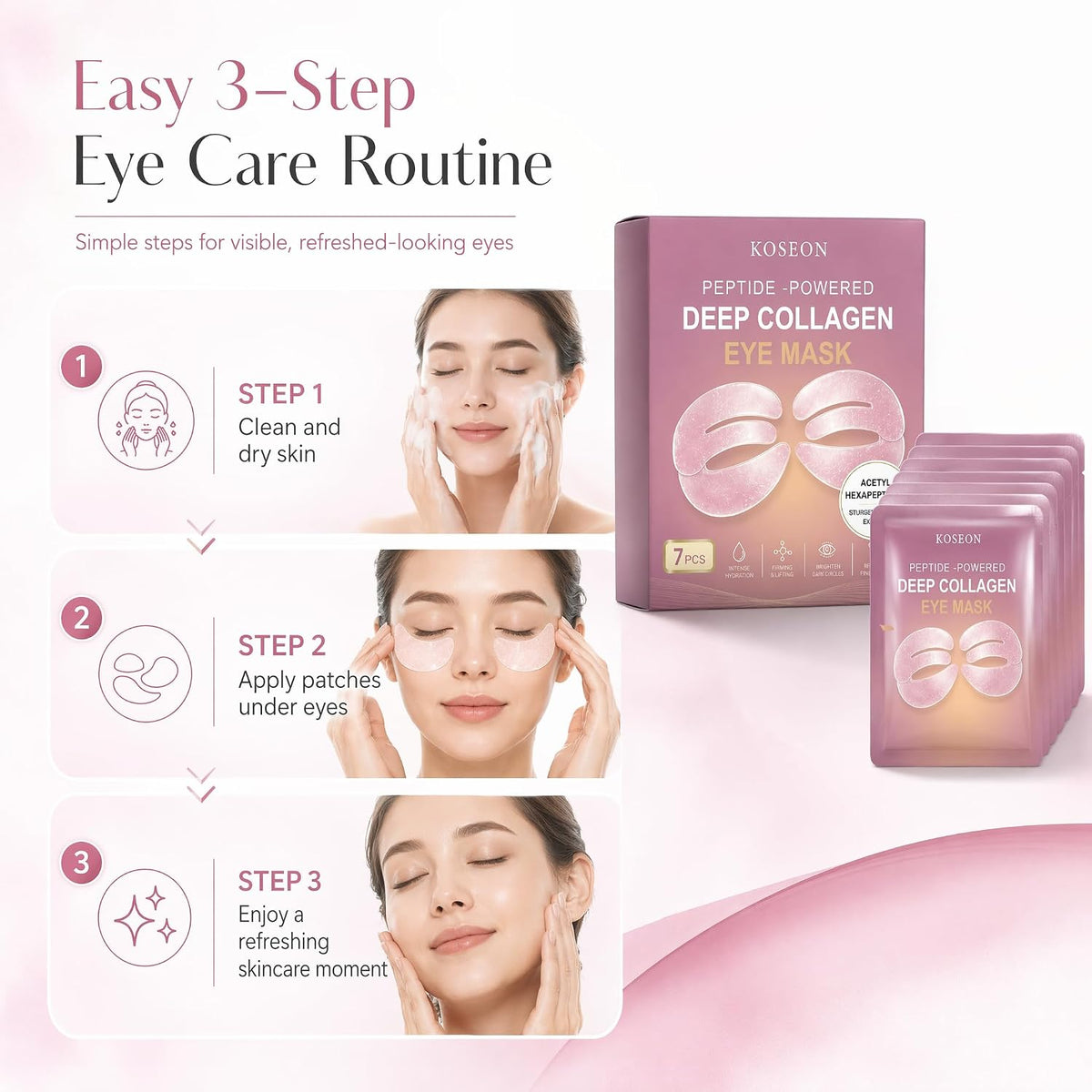 Koseon Collagen Eye Mask, Peptide-Powered Deep Collagen Eye Mask, Eye Mask with Collagen Peptide, Under Eye Patches 360° Fit, Eye Patches for Puffy Eyes and Dark Circles