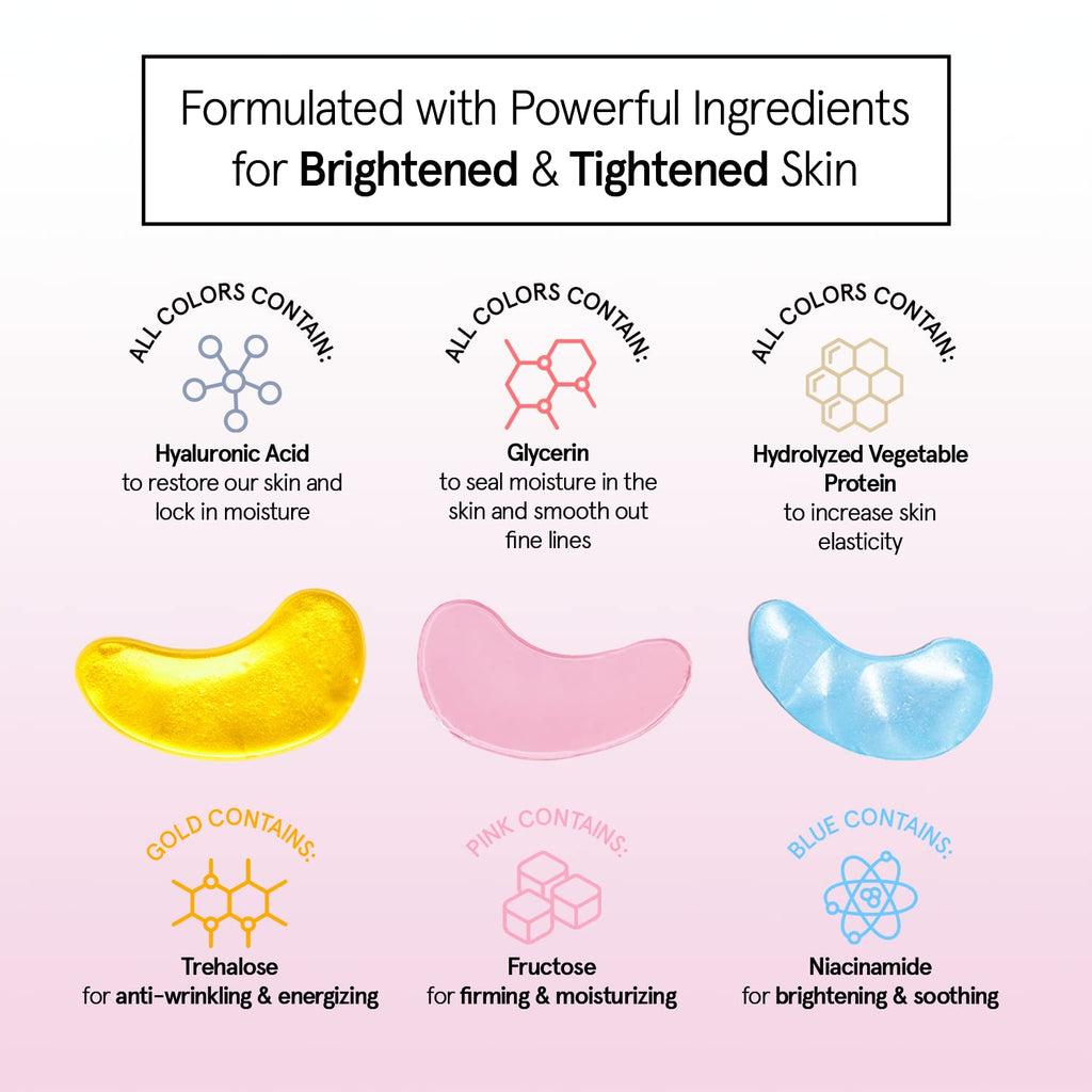 grace & stella Under Eye Mask - Reduce Dark Circles, Puffy Eyes, Undereye Bags, Wrinkles - Gel Under Eye Patches, Bulk Gifts for Women - Vegan Cruelty-Free Self Care (72 Pairs, Gold, Pink, & Blue)
