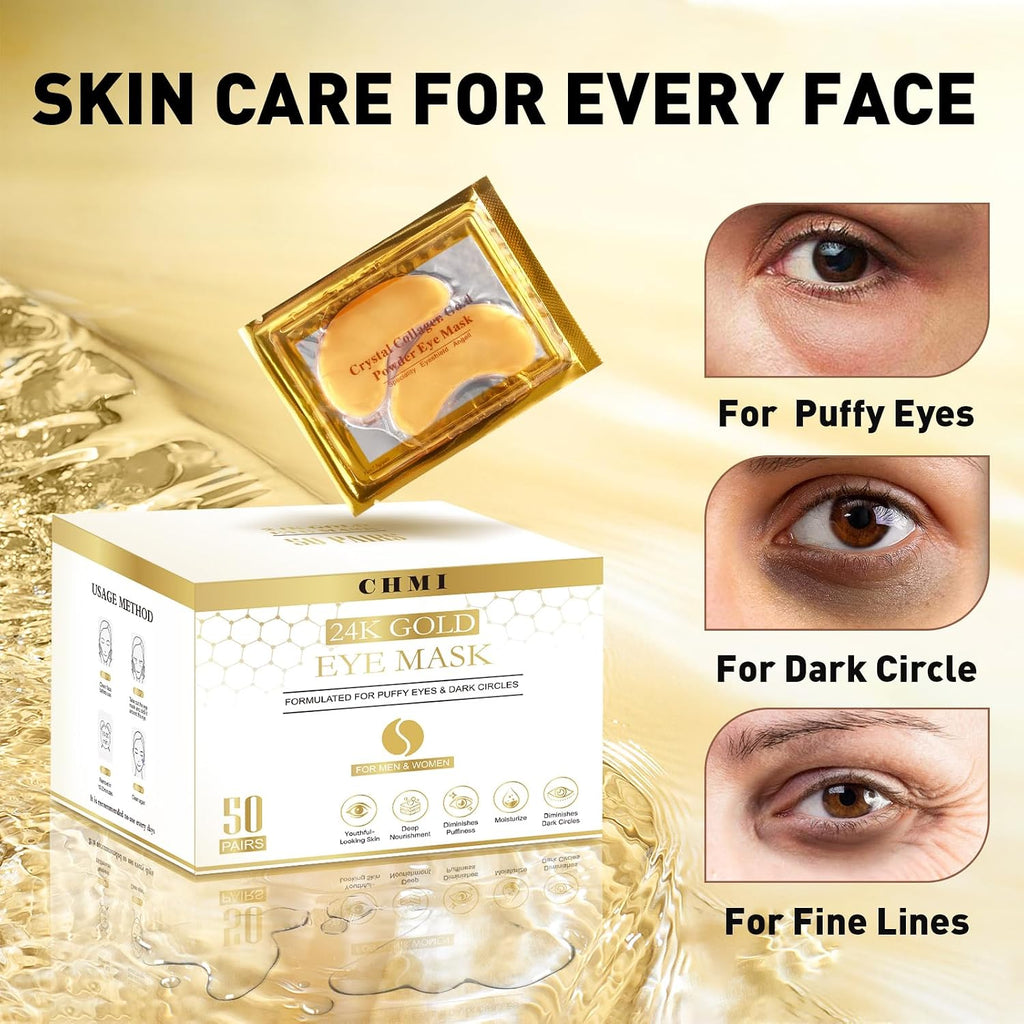 CHMI 24K Gold Under Eye Patches 50 Pairs Collagen, Dark Circles, Wrinkles