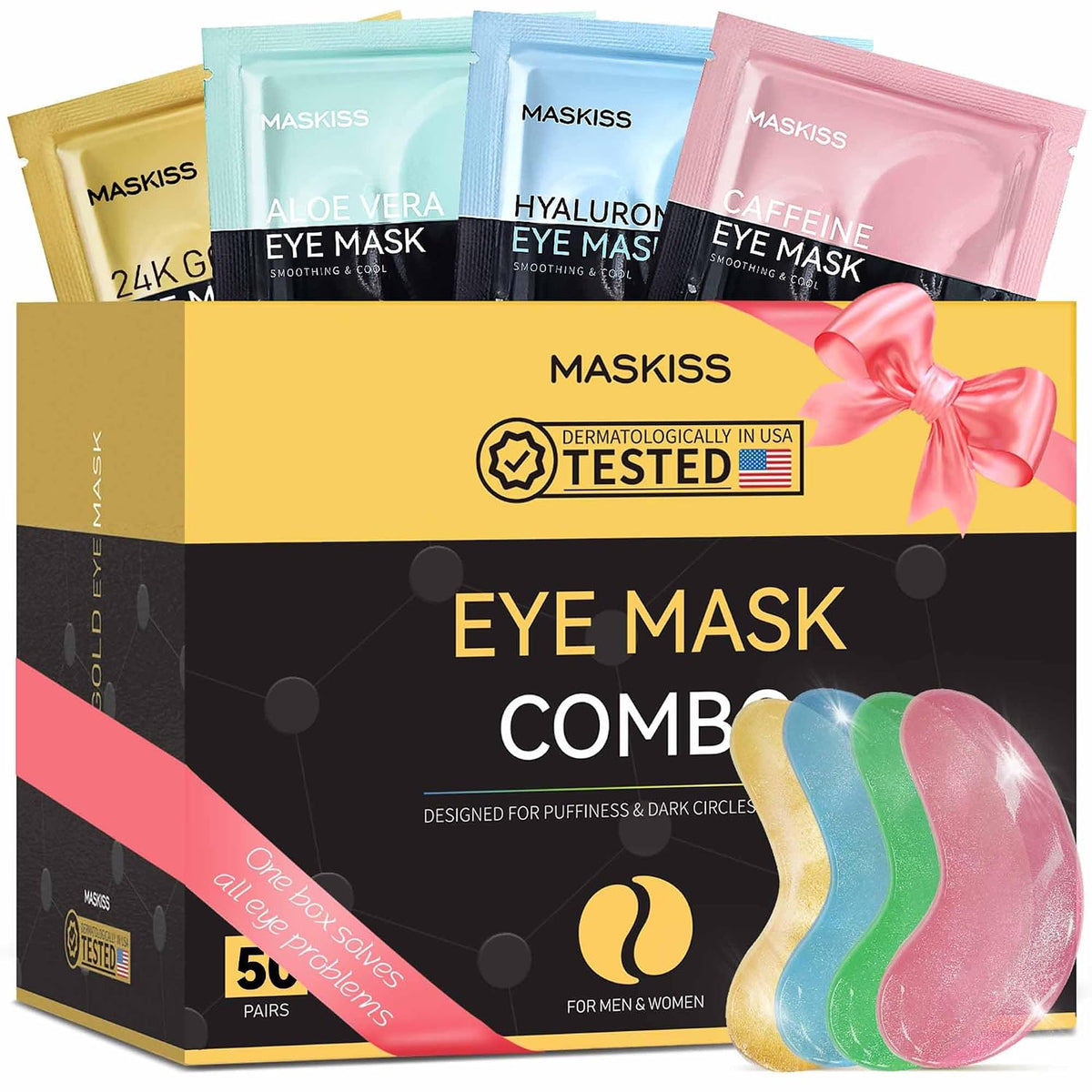 Maskiss Under Eye Patches(50 Pairs), 24K Gold, Caffeine, Hyaluronic Acid, Aloe Vera Eye Masks for Dark Circles Puffy Eyes Undereye Bags, Eye Skin Care Gift Set for Bachelorette Party Favors