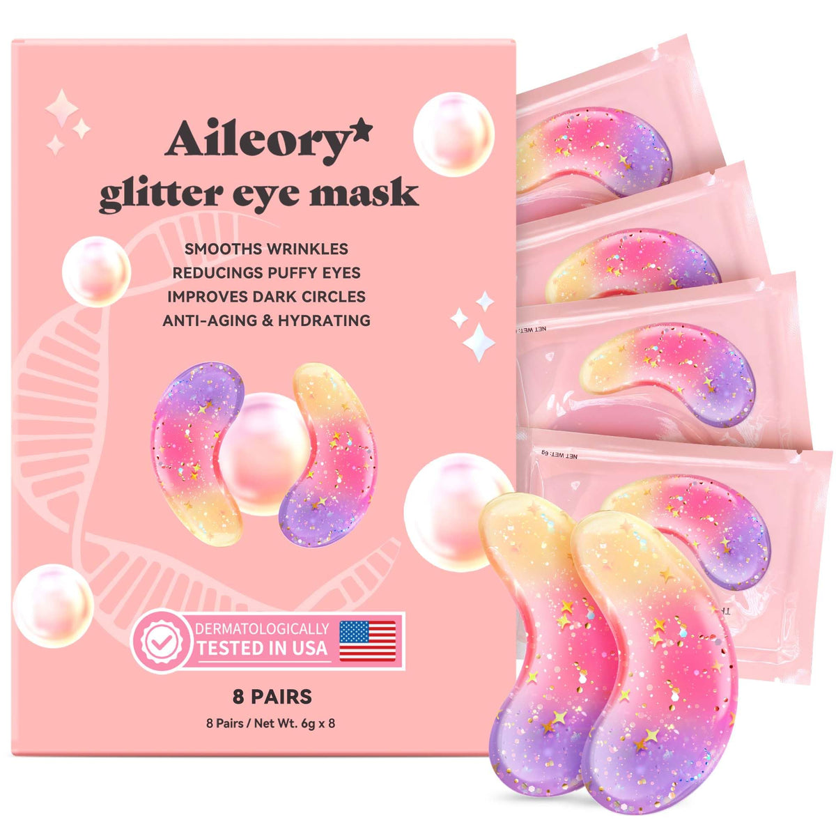AILEORY Under Eye Patches (24 Pairs) - Tri-color Glitter Eye Gel Pads for Dark Circles, Puffy Eyes, Under eye Bags, Wrinkles | Natural Collagen Under Eye Mask Patches, Gel Under Eye Patches