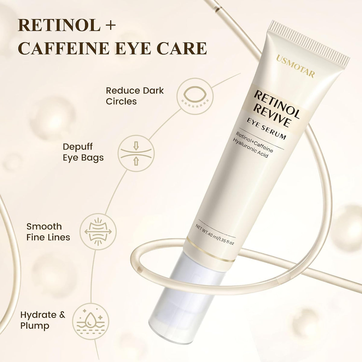 Retinol & Caffeine Eye Serum - Dark Circles Relief & Depuffing Treatment, Hyaluronic Acid + Collagen, Gentle Under Eye Cream for Sensitive Skin, Hydrates & Smooths Fine Lines 40ml, 1.35 fl.oz