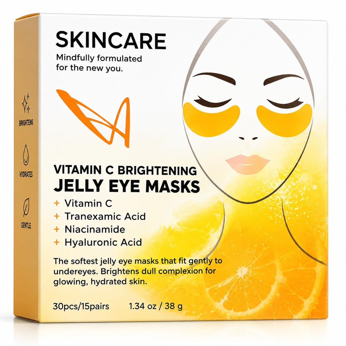SKINCARE Caffeine De-Puffing Jelly Eye Masks with vitamin C .Tranexamic Acid, Niacinamide, Hyaluronic Acid for Brightening, Hydration, and Dark Circle Reduction, 30 Pieces, 1.34 oz (Yellow)