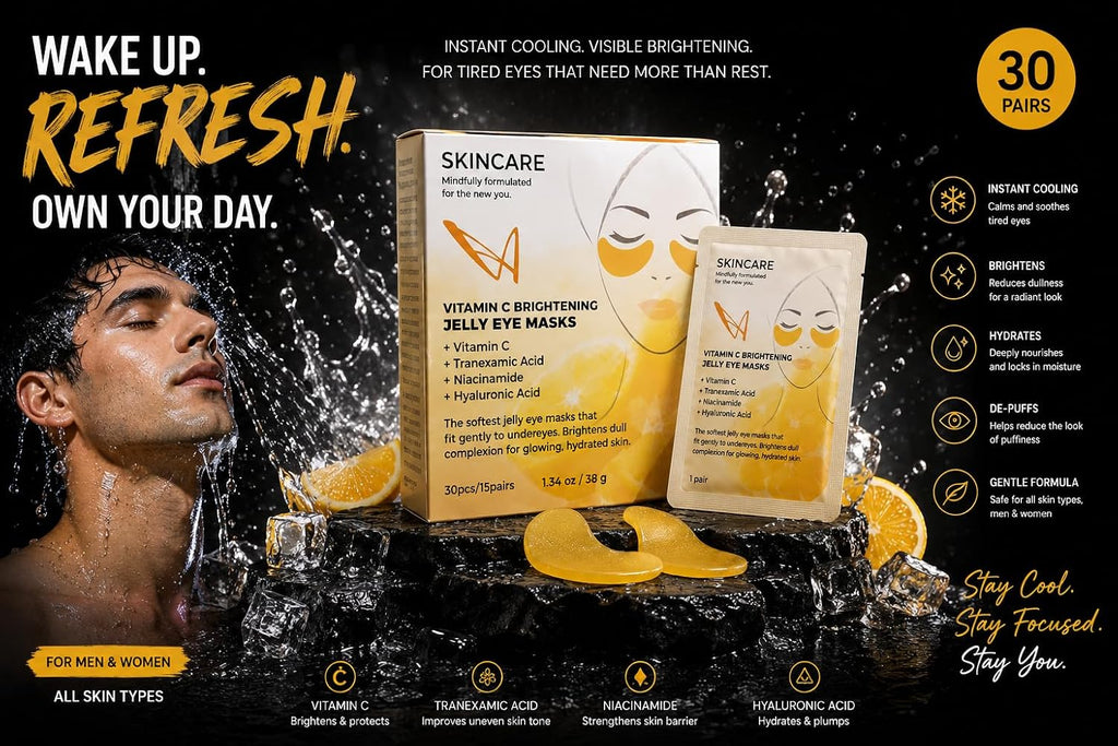 SKINCARE Caffeine De-Puffing Jelly Eye Masks with vitamin C .Tranexamic Acid, Niacinamide, Hyaluronic Acid for Brightening, Hydration, and Dark Circle Reduction, 30 Pieces, 1.34 oz (Yellow)