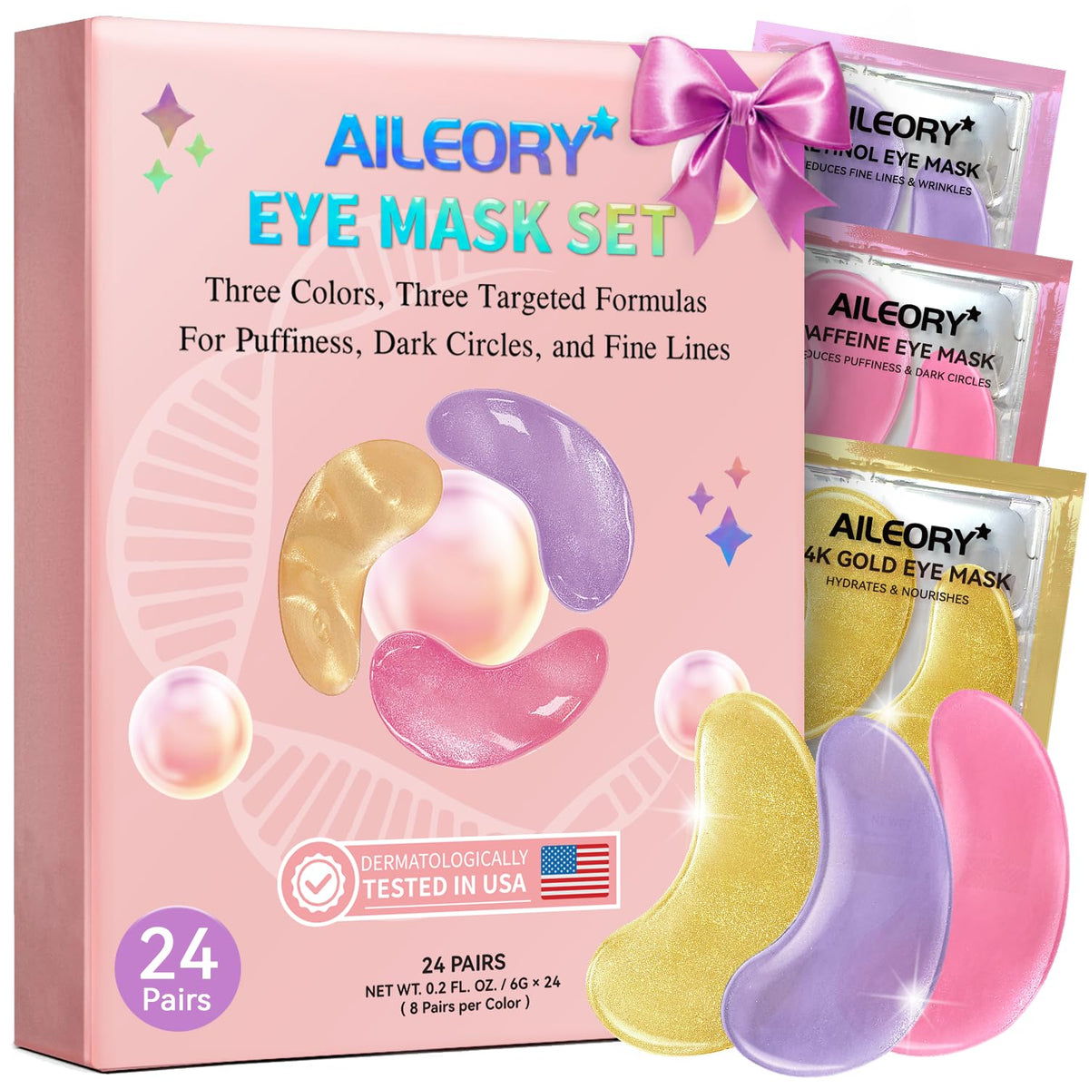 AILEORY Under Eye Patches (24 Pairs) - Tri-color Glitter Eye Gel Pads for Dark Circles, Puffy Eyes, Under eye Bags, Wrinkles | Natural Collagen Under Eye Mask Patches, Gel Under Eye Patches
