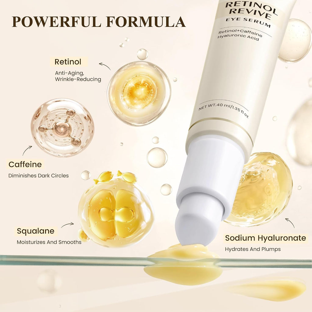 Retinol & Caffeine Eye Serum - Dark Circles Relief & Depuffing Treatment, Hyaluronic Acid + Collagen, Gentle Under Eye Cream for Sensitive Skin, Hydrates & Smooths Fine Lines 40ml, 1.35 fl.oz