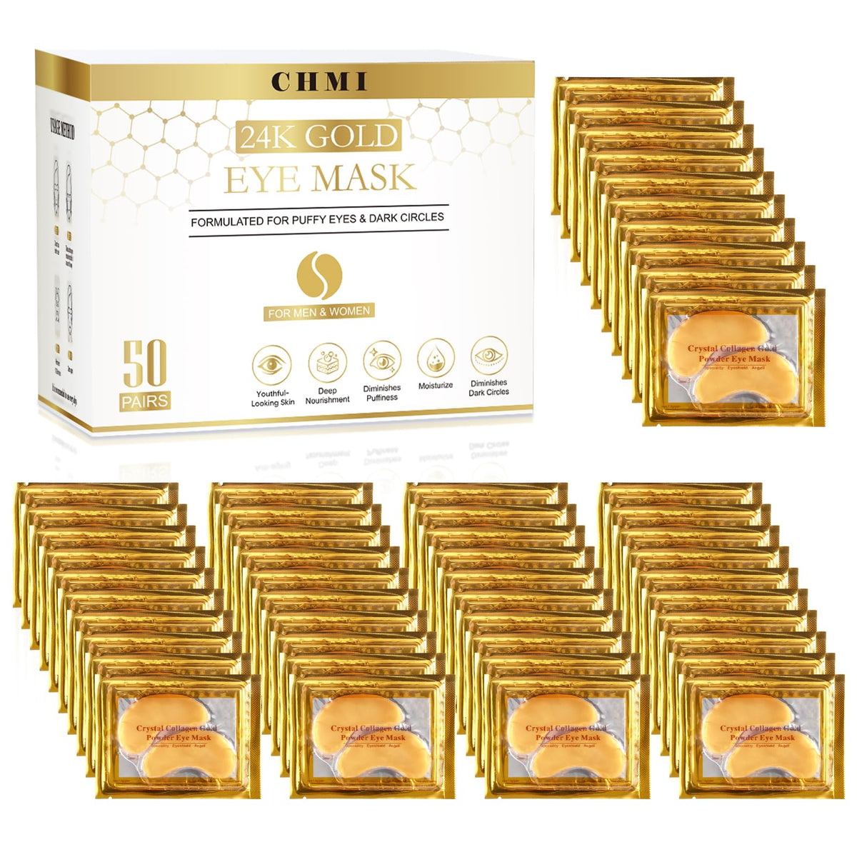 CHMI 24K Gold Under Eye Patches 50 Pairs Collagen, Dark Circles, Wrinkles