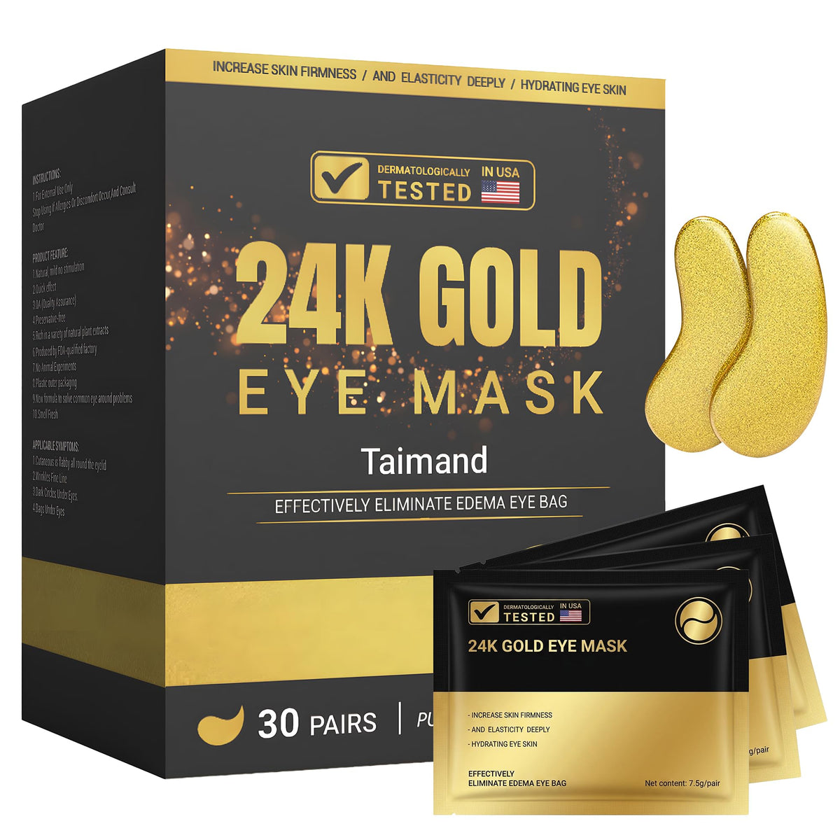Taimand Under Eye Patches (30 Pairs), 24K Gold Eye Mask for Dark Circles