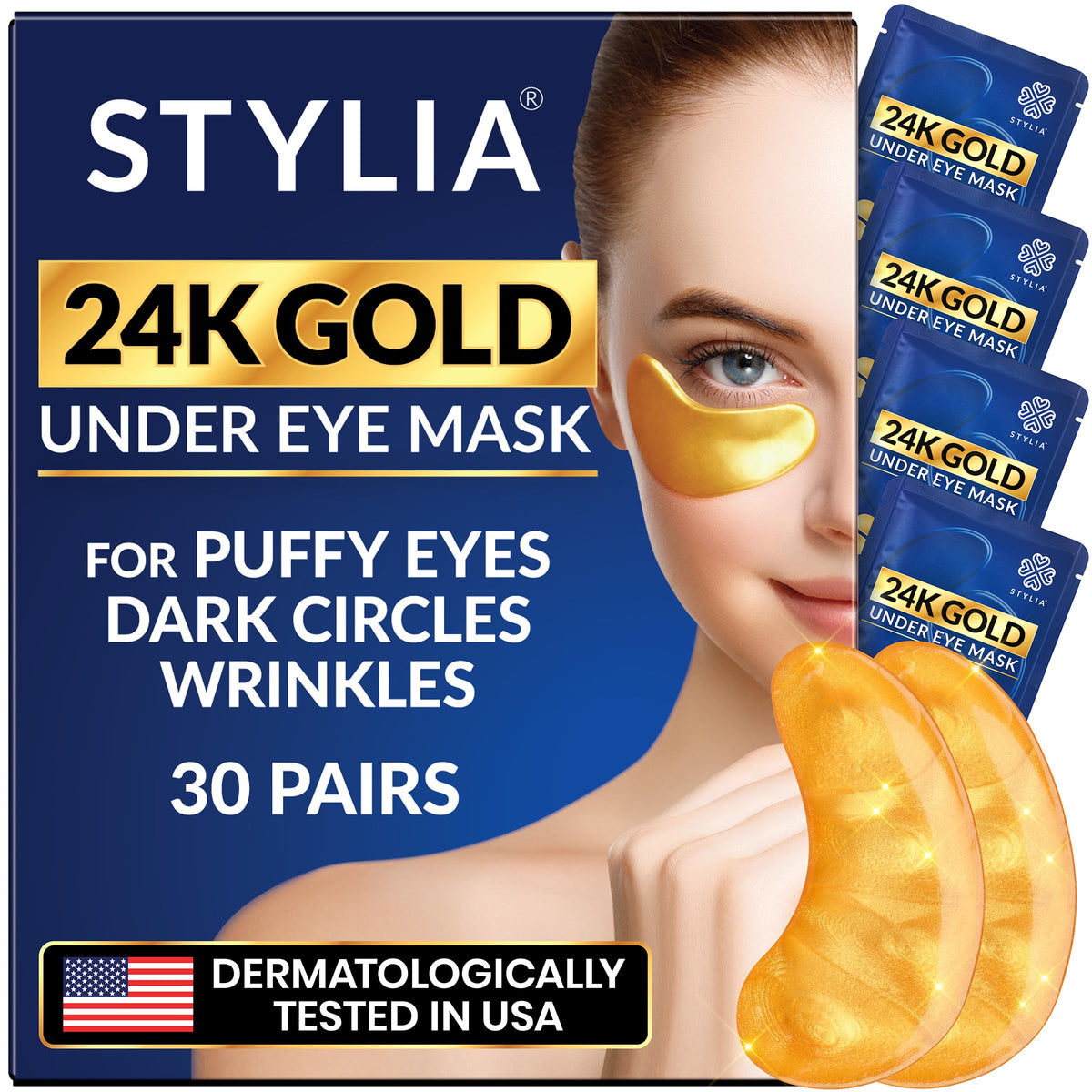 Stylia Collagen & Vitamin C Under Eye Patches for Puffy Eyes & Dark Circles - Depuffing, Hydrating & Firming Under Eye Mask with Hyaluronic Acid - Stocking Stuffers for Teen Girls, Vegan (30 Pairs)
