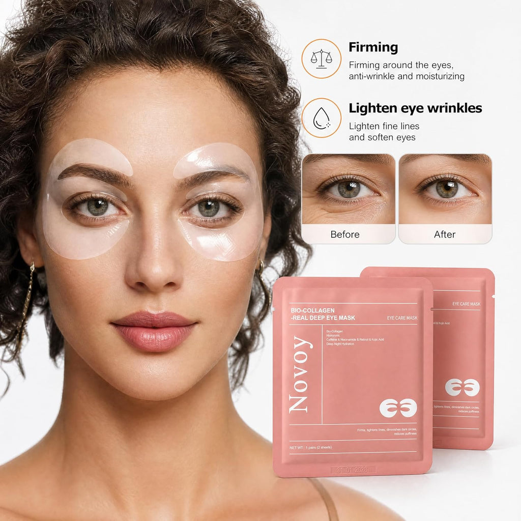 Novoy 15 Pairs Bio-Collagen Real Deep Eye Patches - 6-in-1 Retinol Overnight Eye Patches for Dark Circles, Puffiness & Wrinkles | 2% Caffeine+Hyaluronic+Niacinamide, Korean Popular Eye Mask - ROSE