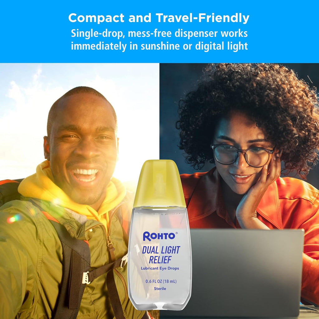 Rohto Dual Light Relief Cooling Lubricant Eye Drops, Protect Against Sun Irritation & Digital Eye Strain, Fast-Acting Relief of Dry Eyes, Grittiness, Burning & Stinging, 0.6 fl oz