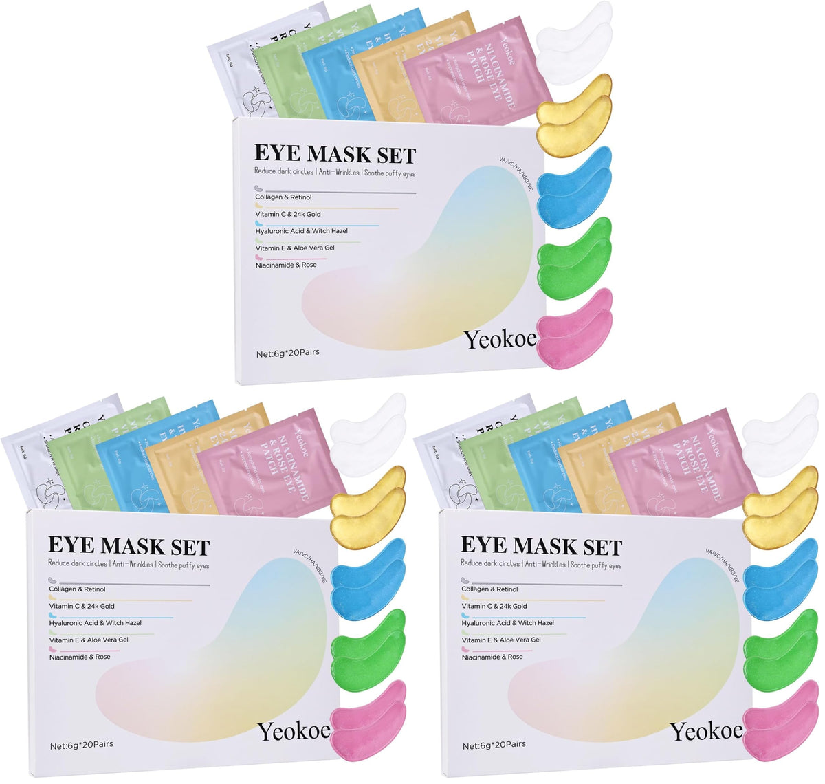 Yeokoe Under Eye Patches for Dark Circles,Eye Mask for Puffy Eyes With Collagen,Retinol,Vitmin C,Hyaluronic Acid and Niacinamide Face Masks Skincare Spa Gifts for Woman 20Pairs