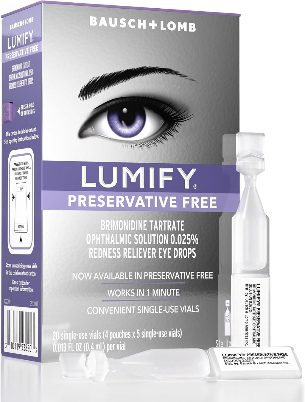 Lumify Preservative Free Eye Drops Redness Relief, Sensitive Eyes, 20 Vials