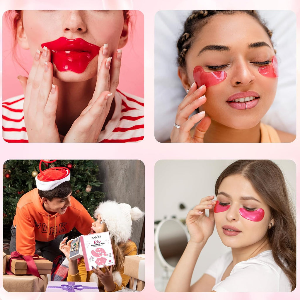 YMEYFAN 20 Pair Under Eye Mask & Lip Mask Skincare Set, Rose Pink Lip Patches & Under Eye Patches for Puffy Eyes, Dark Circles, Dry Lips Lines, Deep Hydrating Moisturizing, Gifts for Mom Women