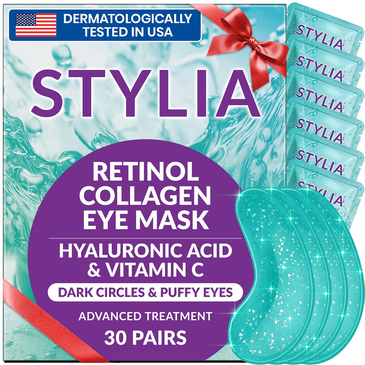 Stylia Collagen & Vitamin C Under Eye Patches for Puffy Eyes & Dark Circles - Depuffing, Hydrating & Firming Under Eye Mask with Hyaluronic Acid - Stocking Stuffers for Teen Girls, Vegan (30 Pairs)