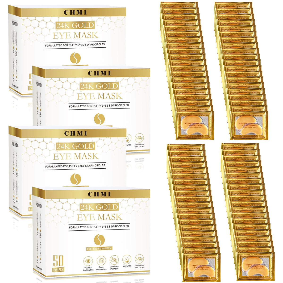 CHMI 24K Gold Under Eye Patches 50 Pairs Collagen, Dark Circles, Wrinkles