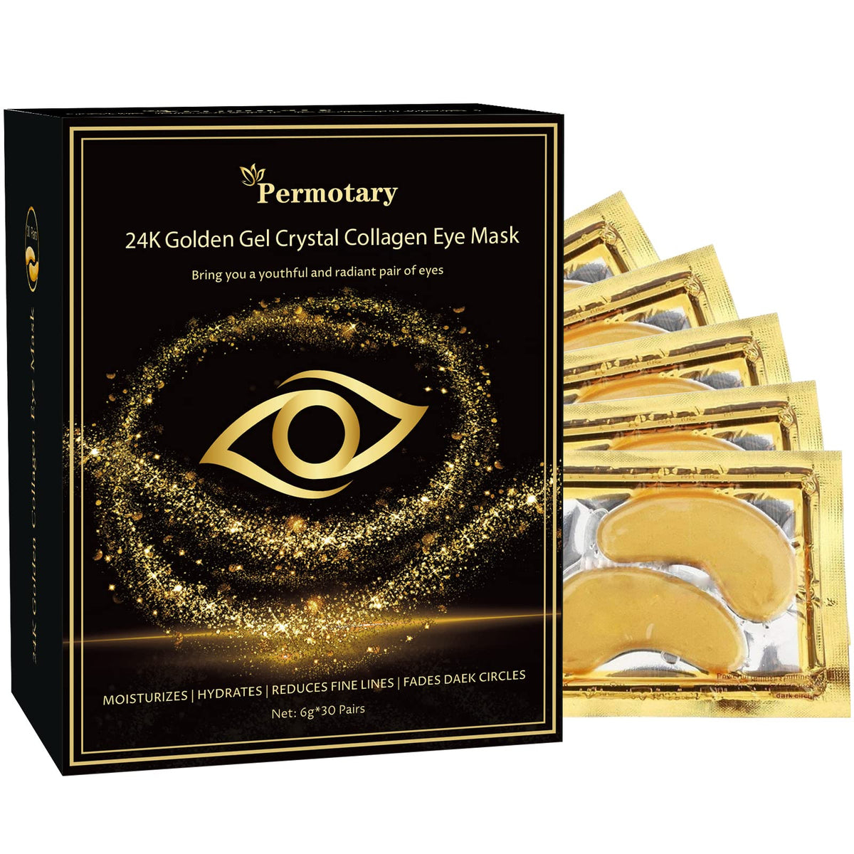 30 Pairs Crystal Collagen Under Eye Mask, Gold Gel Collagen Eye Pad For Moisturizing, Reducing Dark Circles & Puffy Eyes (Gold)