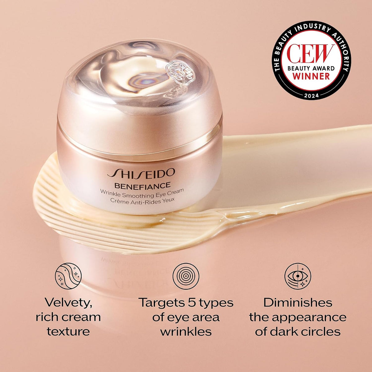 Shiseido Benefiance Wrinkle Smoothing Eye Cream - 15 mL - Visibly Improves Five Types of Eye Wrinkles, Dark Circles & Puffiness - 48-HR Hydration - All Skin Types - Non-Comedogenic