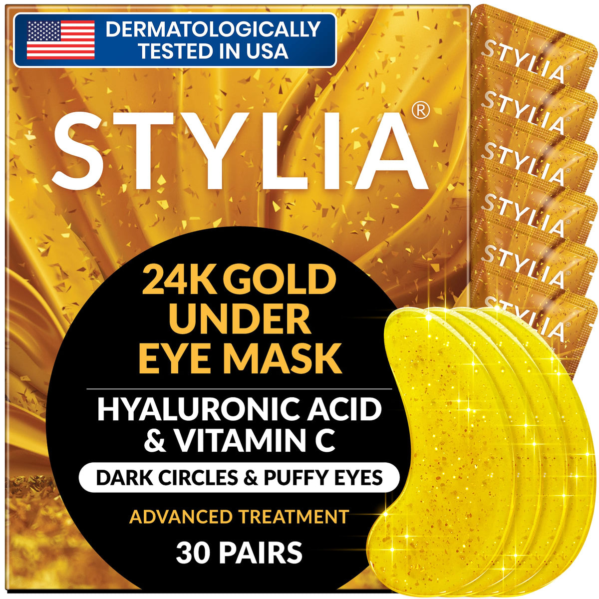 Stylia Collagen & Vitamin C Under Eye Patches for Puffy Eyes & Dark Circles - Depuffing, Hydrating & Firming Under Eye Mask with Hyaluronic Acid - Stocking Stuffers for Teen Girls, Vegan (30 Pairs)