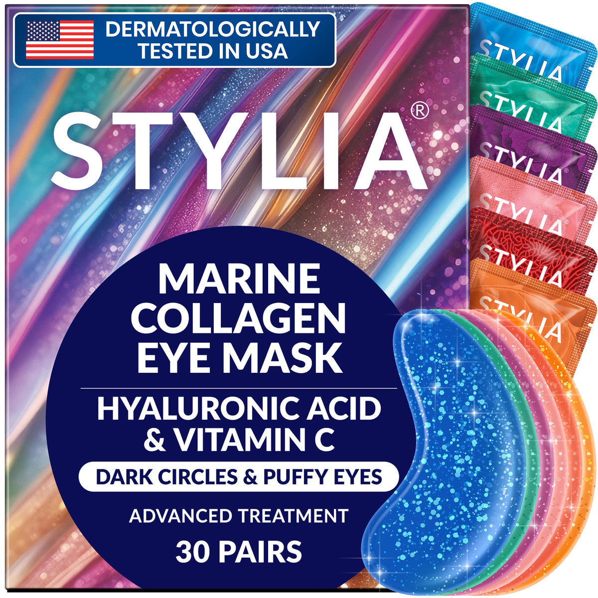 Stylia Collagen & Vitamin C Under Eye Patches for Puffy Eyes & Dark Circles - Depuffing, Hydrating & Firming Under Eye Mask with Hyaluronic Acid - Stocking Stuffers for Teen Girls, Vegan (30 Pairs)